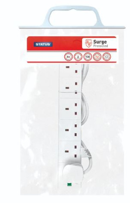 (image for) STATUS 6 WAY EXTENSION SOCKET - SURGE PROTECTED - NEON INDICATOR - WHITE - 2M