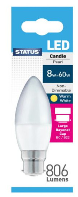 (image for) STATUS LED BC/B22 CANDLE PEARL WARM WHITE - 8W=60W