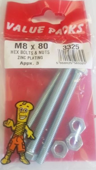(image for) FAST PAK VALUE PACKS HEX BOLTS & NUTS ZINC PLATING - M8X80 - 3S