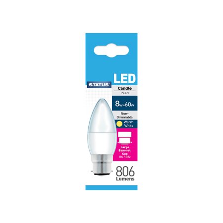 (image for) STATUS LED B22/BC CANDLE PEARL WARM WHITE - 8W=60W