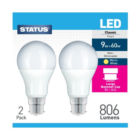 (image for) STATUS LED BC/B22 CLASSIC PEARL WARM WHITE - 9W=60W