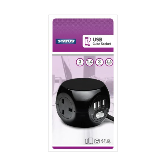 (image for) STATUS 3WAY CUBE EXTENSION SOCKET - 3 X USB CHARGING PORT - 1.4M