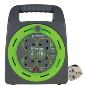 (image for) STATUS 4 WAY EXTENSION SOCKET WITH THERMAL CUT OUT - GREEN - CABLE REEL - 13AMP - 15M