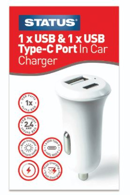 (image for) STATUS 2 PORT CAR CHARGER - 1 X USB & 1 X USB TYPE-C - 12V