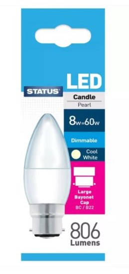 (image for) STATUS LED BC/B22 CANDLE PEARL COOL WHITE - 8W=60W