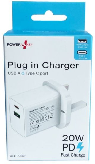 (image for) POWER PLUS PLUG IN CHARGER USB & TYPE C - 20W