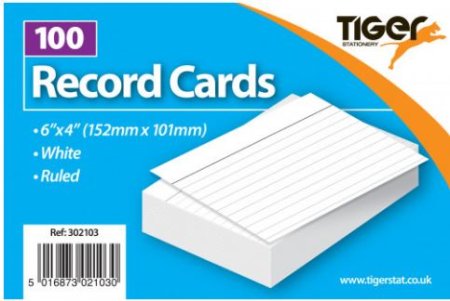 (image for) Tiger Record Cards Ruled White 100Sheets- 6x4\"\"(152x101mm)