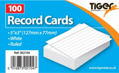 (image for) Tiger Record Cards Ruled White 100Sheets- 5x3""(127x77mm)