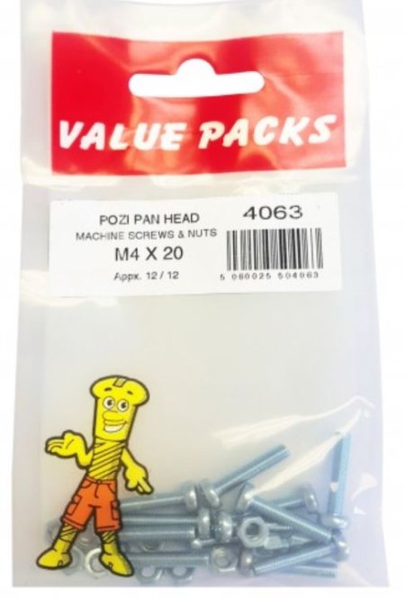 (image for) FAST PAK VALUE PACKS POZI PAN HEAD MACHINE SCREWS & NUTS - M4 X 20 - 12S
