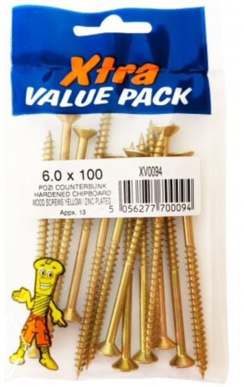 (image for) FAST PAK XTRA VALUE PACKS HARDENED CHIPBOARD WOOD SCREWS YELLOW ZINC PLATED - 6.0X100 - 13S