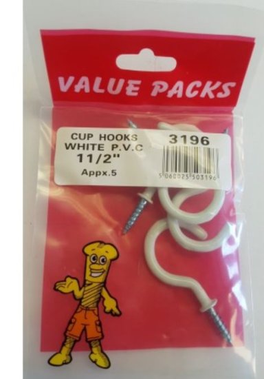 (image for) FAST PAK VALUE PACKS CUP HOOKS WHITE P.V.C - 1.5INCH - 5S