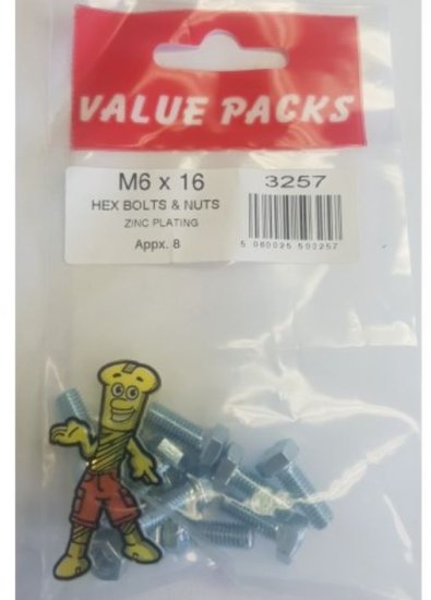 (image for) FAST PAK VALUE PACKS HEX BOLTS & NUTS ZINC PLATING - M6X16 - 8S