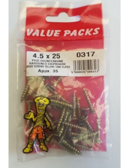 (image for) FAST PAK VALUE PACKS HARDENED CHIPBOARD WOOD SCREWS YELLOW ZINC PLATED - 4.5X25 - 35S