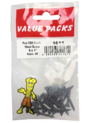 (image for) FAST PAK VALUE PACKS POZI CSK BLACK WOOD SCREWS - 6X1INCH - 25S