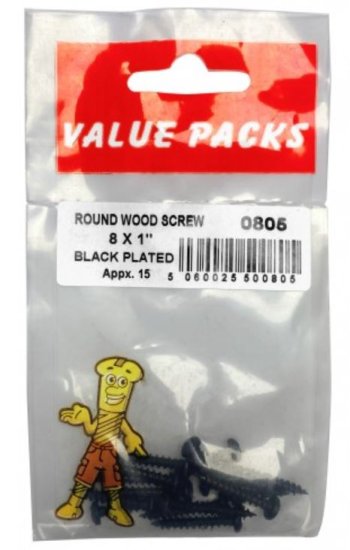 (image for) FSAT PAK VALUE PACKS ROUND HEAD BLACK WOODSCREWS - 8X1INCH - 15