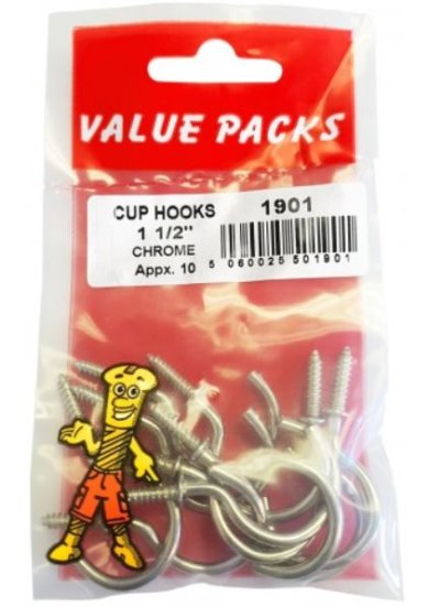 (image for) FAST PAK VALUE PACKS CUP HOOKS CHROMED - 1.5INCH/40MM - 8S