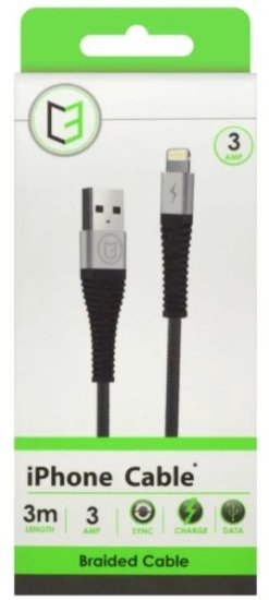 (image for) C3 IPHONE CHARGER CABLE BRAIDED BLACK 3 METRE