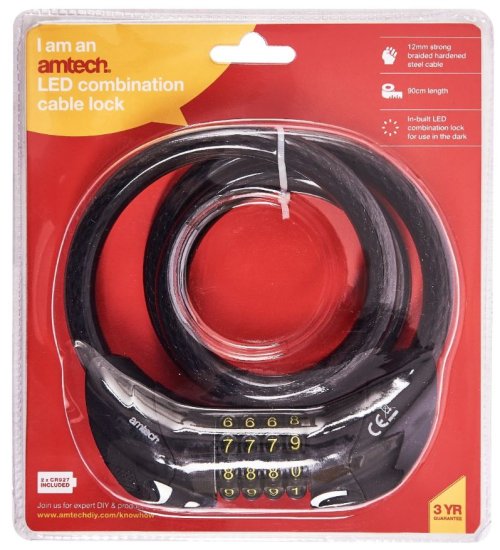 (image for) AMTECH SECURITY CABLE WITH BUILT-IN LED COMBINATION LOCK-4DIGIT