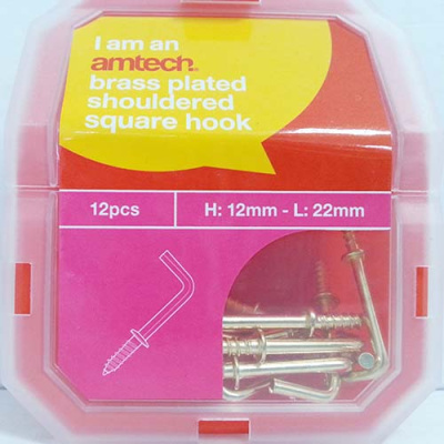 (image for) AMTECH BRASS PLATED SHOULDERED SQUARE HOOK-12PC