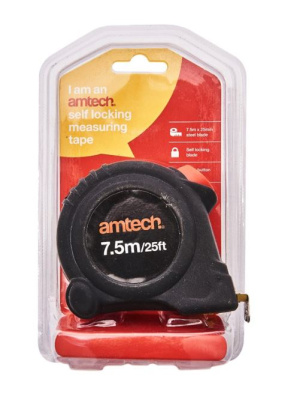 (image for) Amtech 7.5m x 25mm Self-locking measuring tapeVERSATILE:self-locking measuring tape has a 25mm wide blade with both metric and inch graduationsEASY TO USE: With a sturdy plastic body, it has 