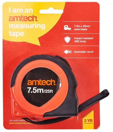 (image for) AMTECH SELF-LOCKING MEASURING TAPE -7.5MVERSATILE: This 7.5m measuring tape has a 25mm wide blade with both metric and inch graduationsDURABLE: The body is made from tough, impact resistant A