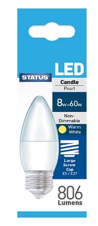 (image for) STATUS LED E27/ES CANDLE PEARL WARM WHITE - 8W=60W