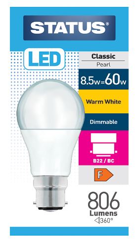 (image for) STATUS LED B22/BC CLASSIC PEARL WARM WHITE - 8.5W=60W