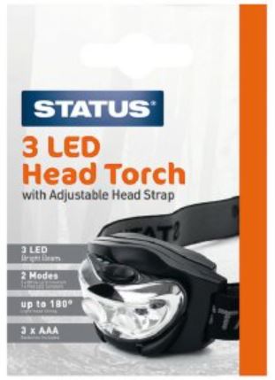 (image for) STATUS 3 LED HEAD TORCH WITH ADJUSTABLE HEADSTRAP - 3XAAA BATTERIES (NOT INCLUDED) - BLACK