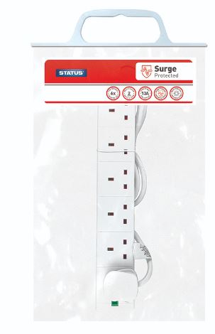 (image for) STATUS 6 WAY EXTENSION SOCKET - SURGE PROTECTED - NEON INDICATOR - WHITE - 2M
