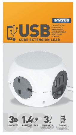 (image for) STATUS CUBE SOCKET WITH 3 X USB PORTS - 3 WAY - 1.4M