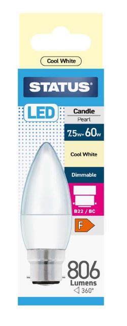 (image for) STATUS LED B22/BC CANDLE PEARL COOL WHITE - 7.5W=60W