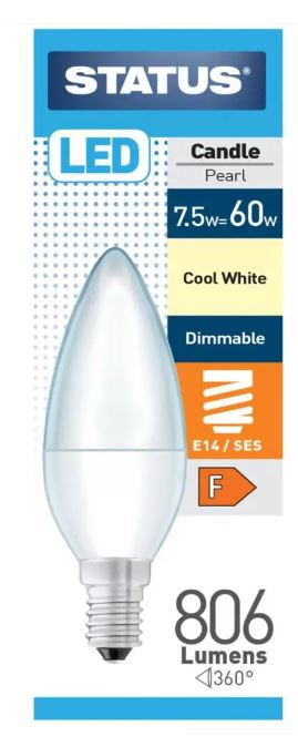 (image for) STATUS LED E14/SES CANDLE PEARL COOL WHITE - 7.5W=60W
