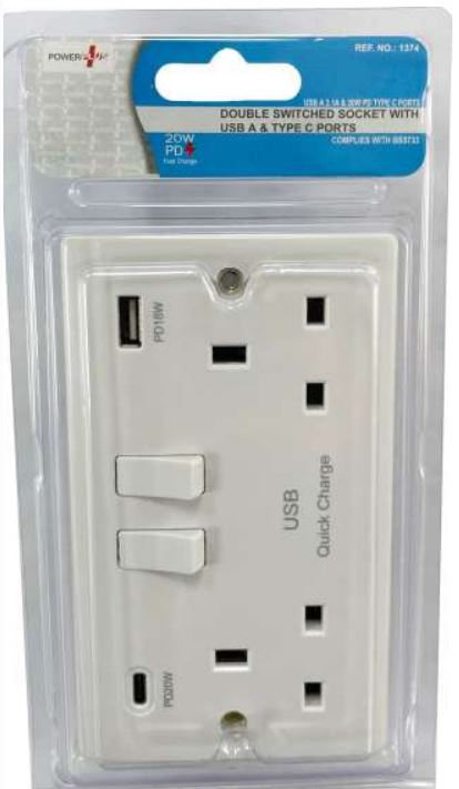 (image for) POWER PLUS DOUBLE SWITCH SOCKET - USB TYPE C - 20W
