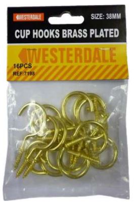 (image for) WESTERDALE CUP HOOKS BRASS PLATED 16PCS - 38MM
