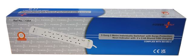 (image for) POWER PLUS 5 WAY EXTENSION LEAD - 2 USB CHARGING - NEON INDICATOR - INDIVIDUALLY SWITCHED WITH SURGE PROTECTION