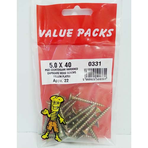 (image for) FAST PAK VALUE PACKS HARDENED CHPBOARD WOOD SCREWS YELLOW PLATED - 5.0X40 - 20S