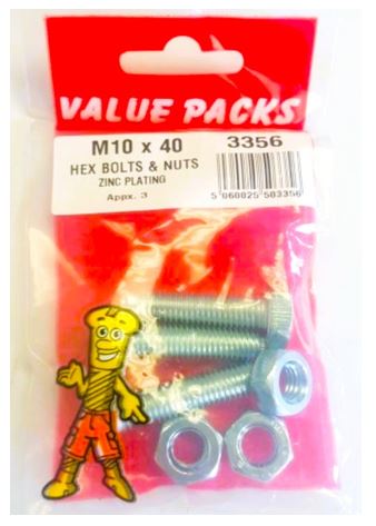 (image for) FAST PAK VALUE PACKS HEC BOLTS & NUTS ZINC PLATED - M10X40 - 3S