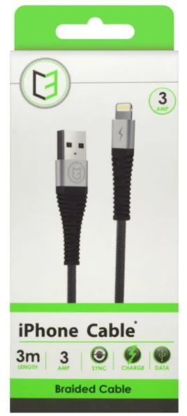 (image for) C3 IPHONE CHARGER CABLE BRAIDED BLACK 3 METRE