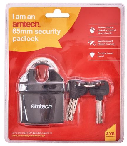 (image for) AMTECH PVC INSULATED PADLOCK WITH 4 KEYS-65MM