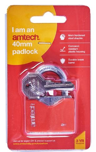 (image for) AMTECH RHOMBIC CHROME PLATED IRON PADLOCK RED-40MM